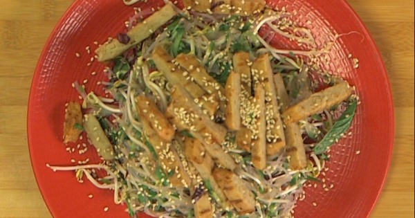 מנגל צמחוני: חזה בגריל מן הצומח עם סלט נבטים אסייתי