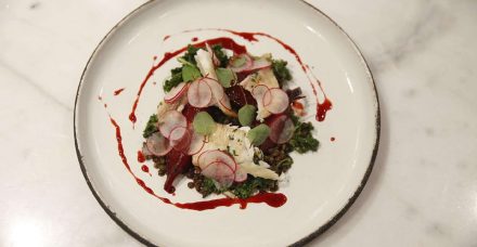 פילה דג ועדשים שחורות על סלק במיץ חמוציות