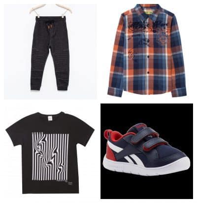 חולצה משובצת: DESIGUAL KIDS, מחיר: 279 שקל; מכנסיים: קסטרו, 100 שקל; נעליים, ריבוק: 150 שקל; חולצה: הוניגמן: 20 שקל