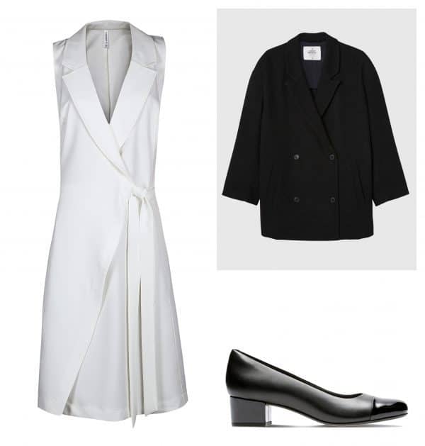 ז'קט: בל אנד סו. מחיר: 759 שקל; שמלה: דיסקריט, מחיר: 225 שקל; נעליים: קלארקס, מחיר: 400 שקל